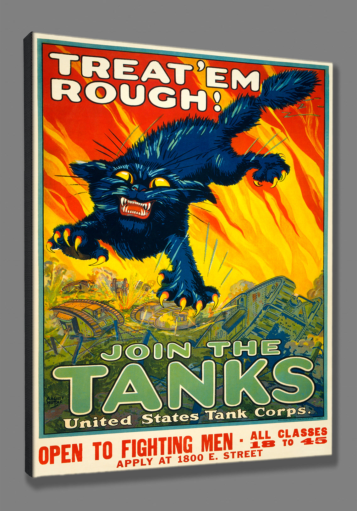 A stretched canvas reproduction print of a vintage poster advertising the US Tank Corps