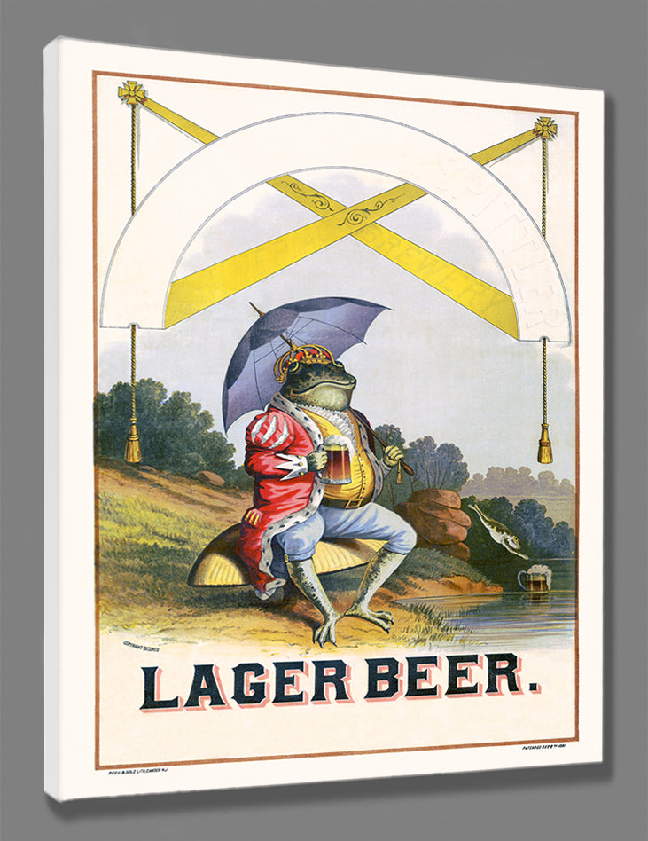 A stretched canvas print of a retro ad for Lager Beer, featuring a frog in royal attire