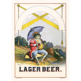 A vintage ad for Lager Beer with a toad drinking beer