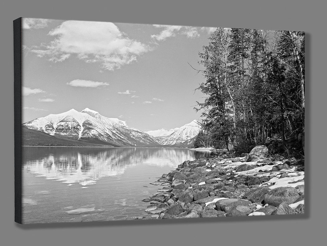 A canvas print reproduction of a vintage photograph of Lake McDonald