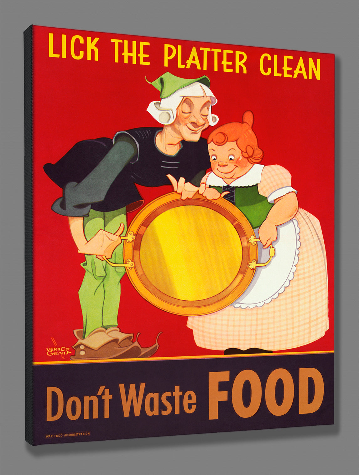 A canvas print of a vintage poster featuring the slogan "lick the platter clean" to minimize food waste