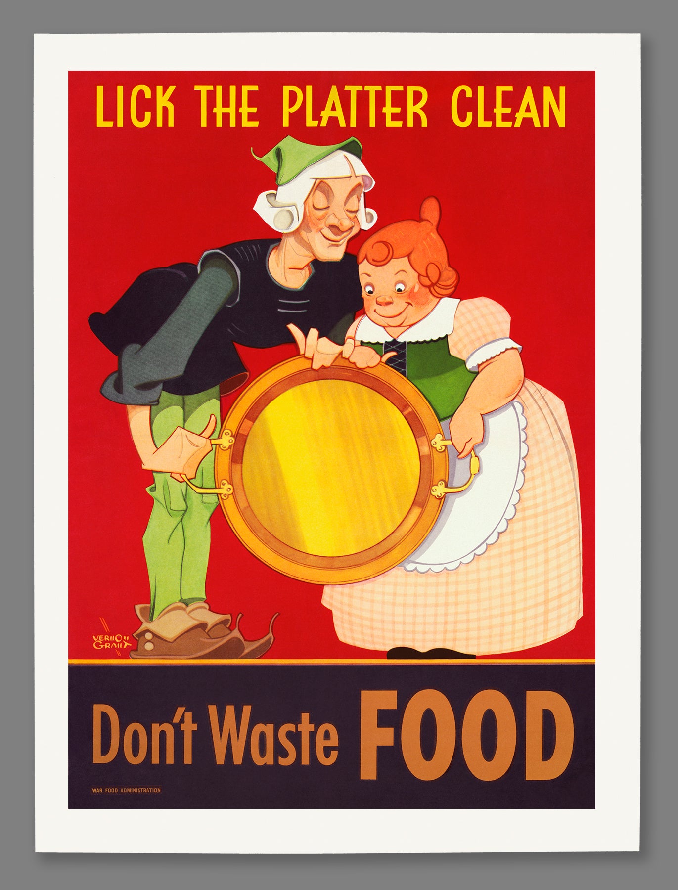 A paper print of a vintage poster encouraging viewers to not waste food during wartime