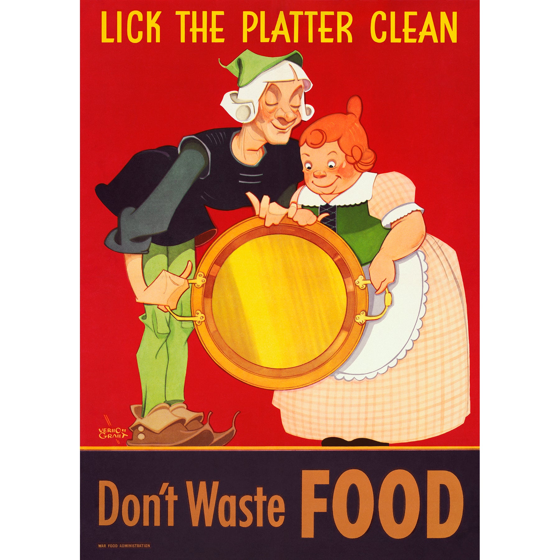A vintage poster featuring the slogan "lick the platter clean - don't waste food"