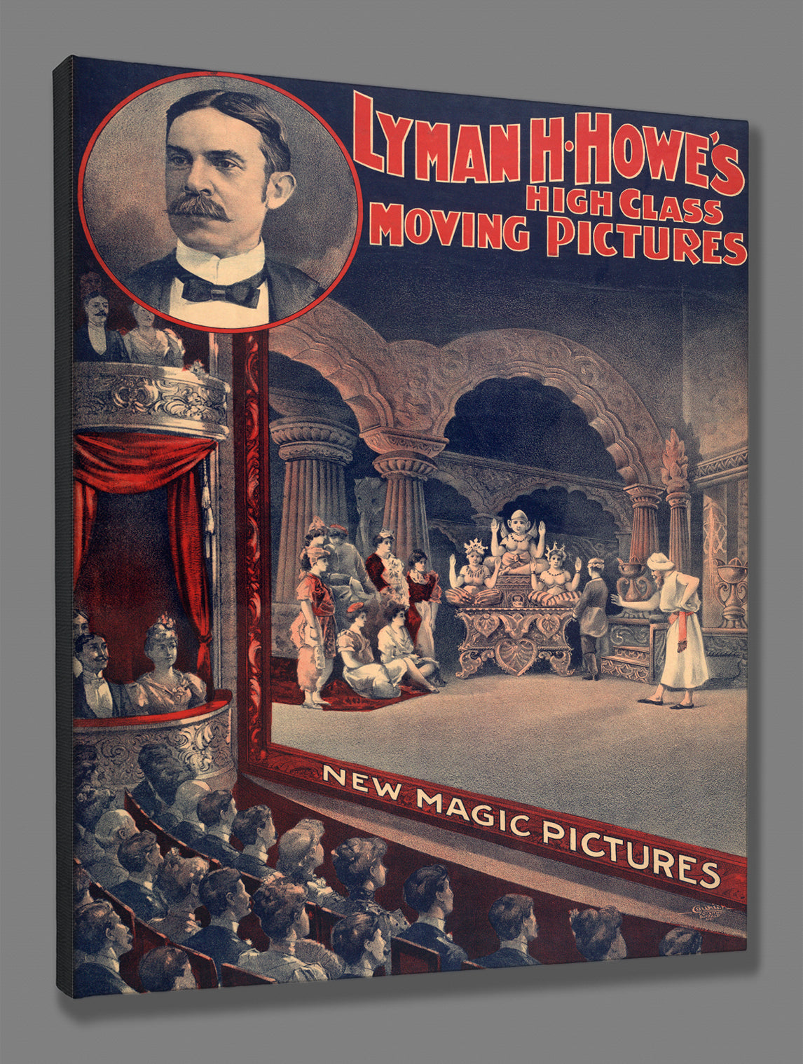 A stretched canvas print of a vintage poster for "high class moving pictures"