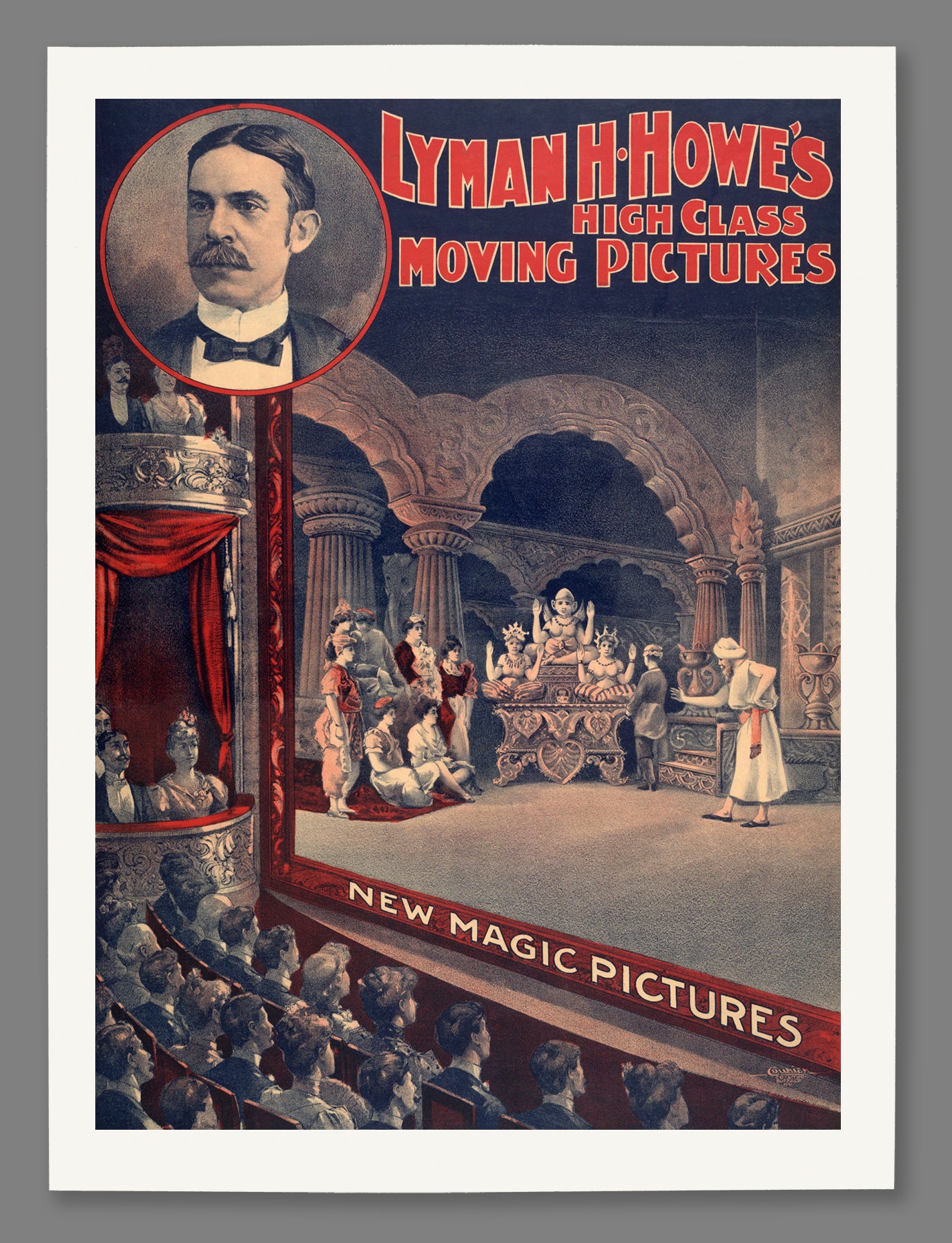 A paper print of a vintage poster featuring a theather of people watching "new magic pictures"