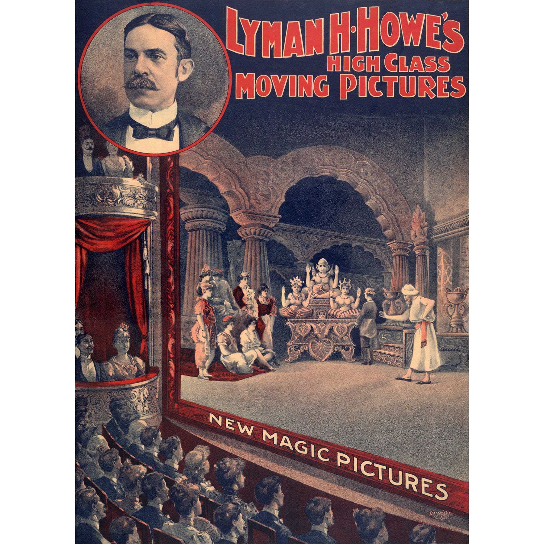 A vintage poster advertising Lyman H Howe's moving pictures