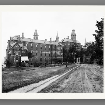 A giclee print of a vintage, black and white photograph of Maine General Hospital
