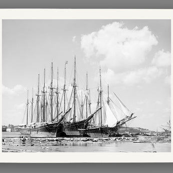 An archival print on paper of a vintage image of sailing ships docked in Portland, Maine