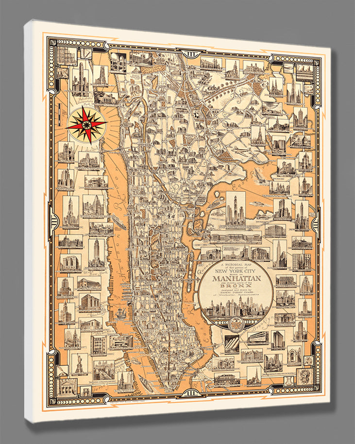 A vintage, pictorial New York City map, printed on canvas and stretched onto a frame