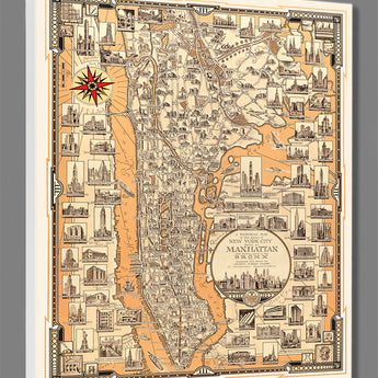 A vintage, pictorial New York City map, printed on canvas and stretched onto a frame
