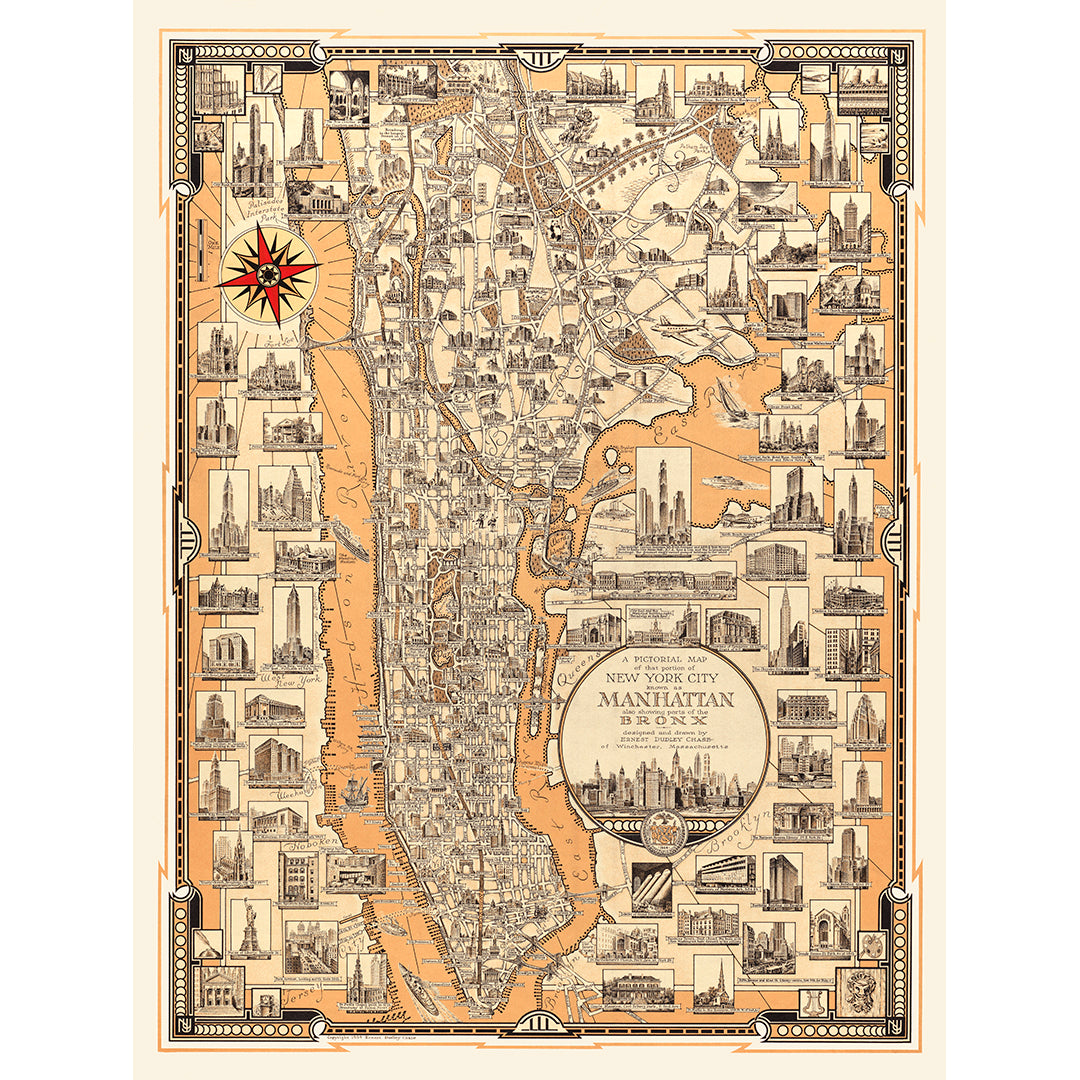 A vintage, pictorial map of Manhattan and portions of the Bronx in New York City