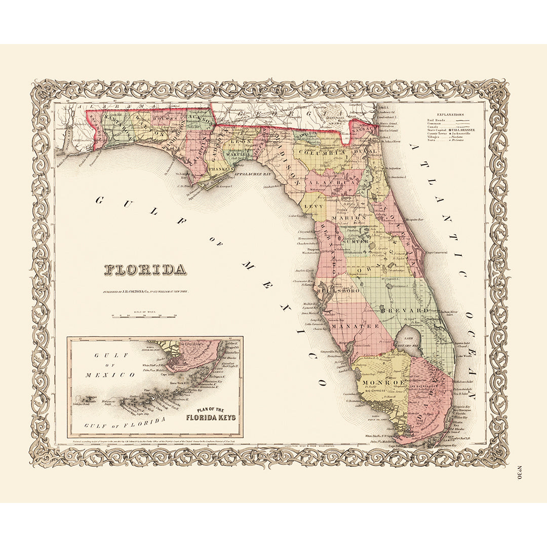 A vintage map of counties in the state of Florida