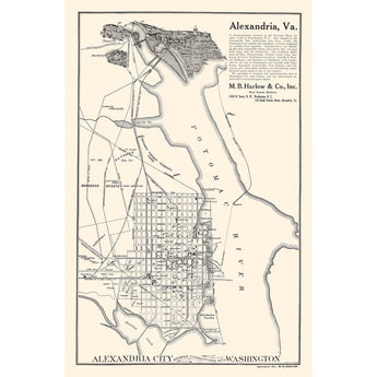 A vintage map of Alexandria including a pictorial depiction of Washington DC at the top
