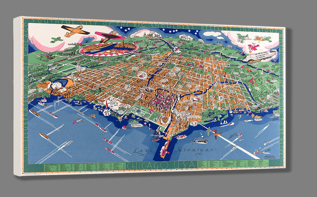 A stretched canvas print of a restored vintage map of Chicago