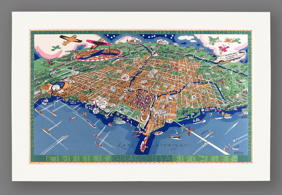 A digital mockup of a paper print of a restored vintage Chicago map