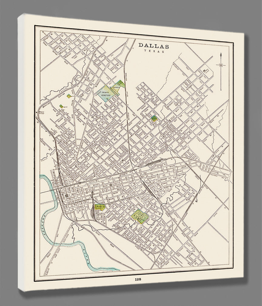 A canvas reproduction print of a restored Dallas, Texas map