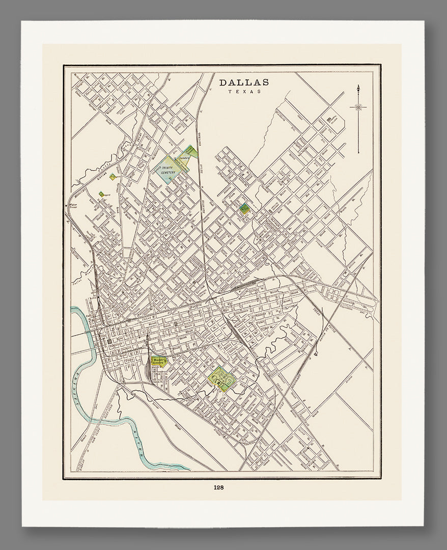 A paper reproduction print of a restored vintage Dallas map