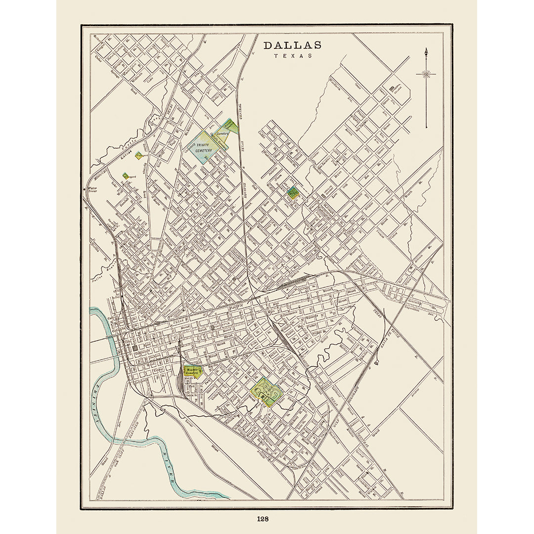 A restored vintage map of Dallas, Texas, depicting city streets