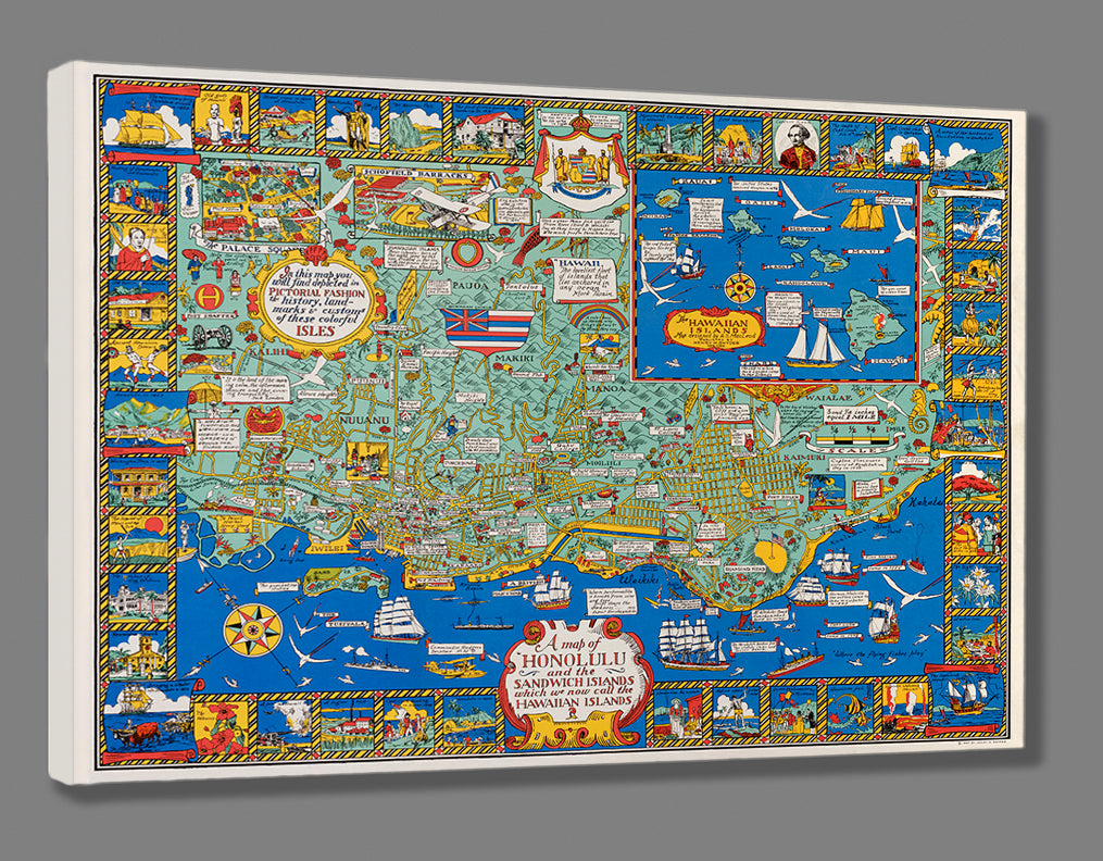 A canvas print reproduction of a restored vintage map of Honolulu and the Hawaiian Islands