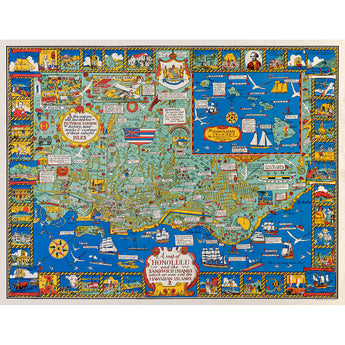 A restored vintage pictorial map of Honolulu and the Hawaiian Islands, in full color