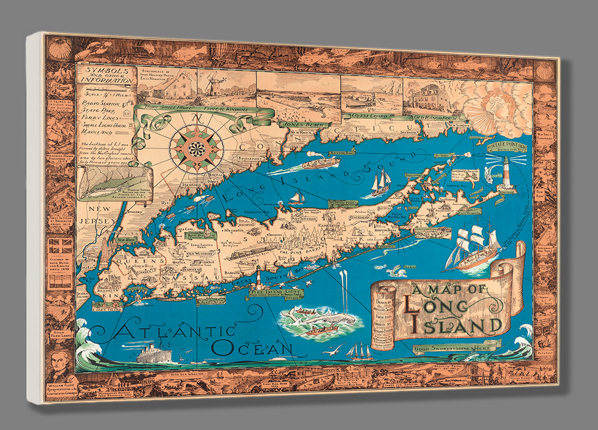 A mockup of a stretched canvas print featuring a vintage map of Long Island