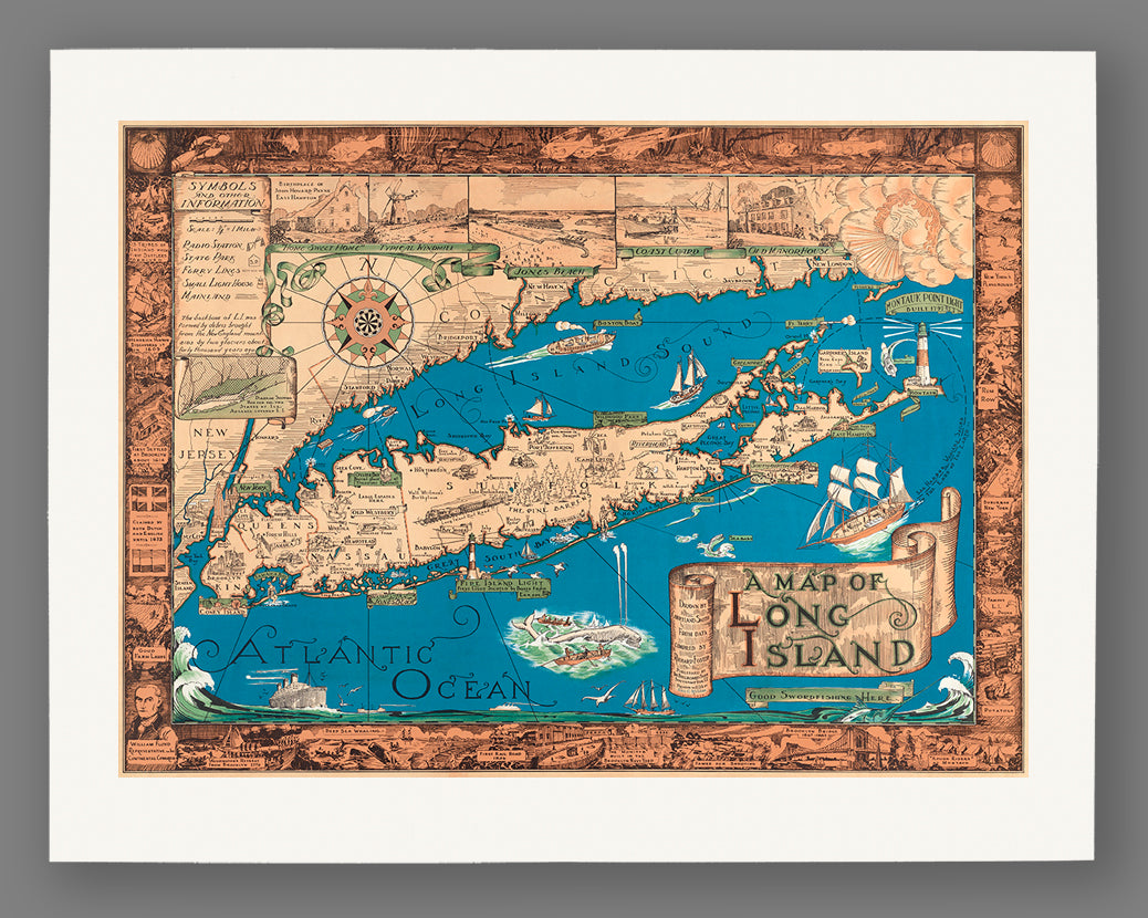 A fine art paper print of a vintage Long Island Map with a uniquely illustrated border