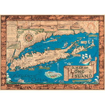 A colorful vintage map of Long Island with an illustrated border