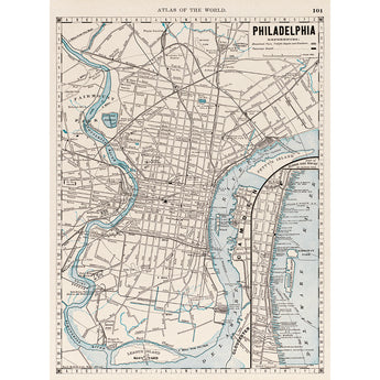 A restored vintage map of Philadelphia, showing rivers in blue