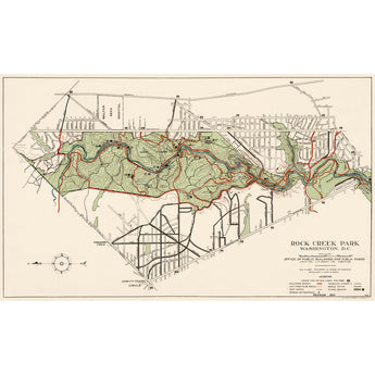 A vintage Rock Creek Park map, showing the park and surrounding city streets