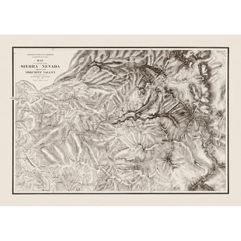 A restored vintage map of a section of the Sierra Nevada near Yosemite Valley