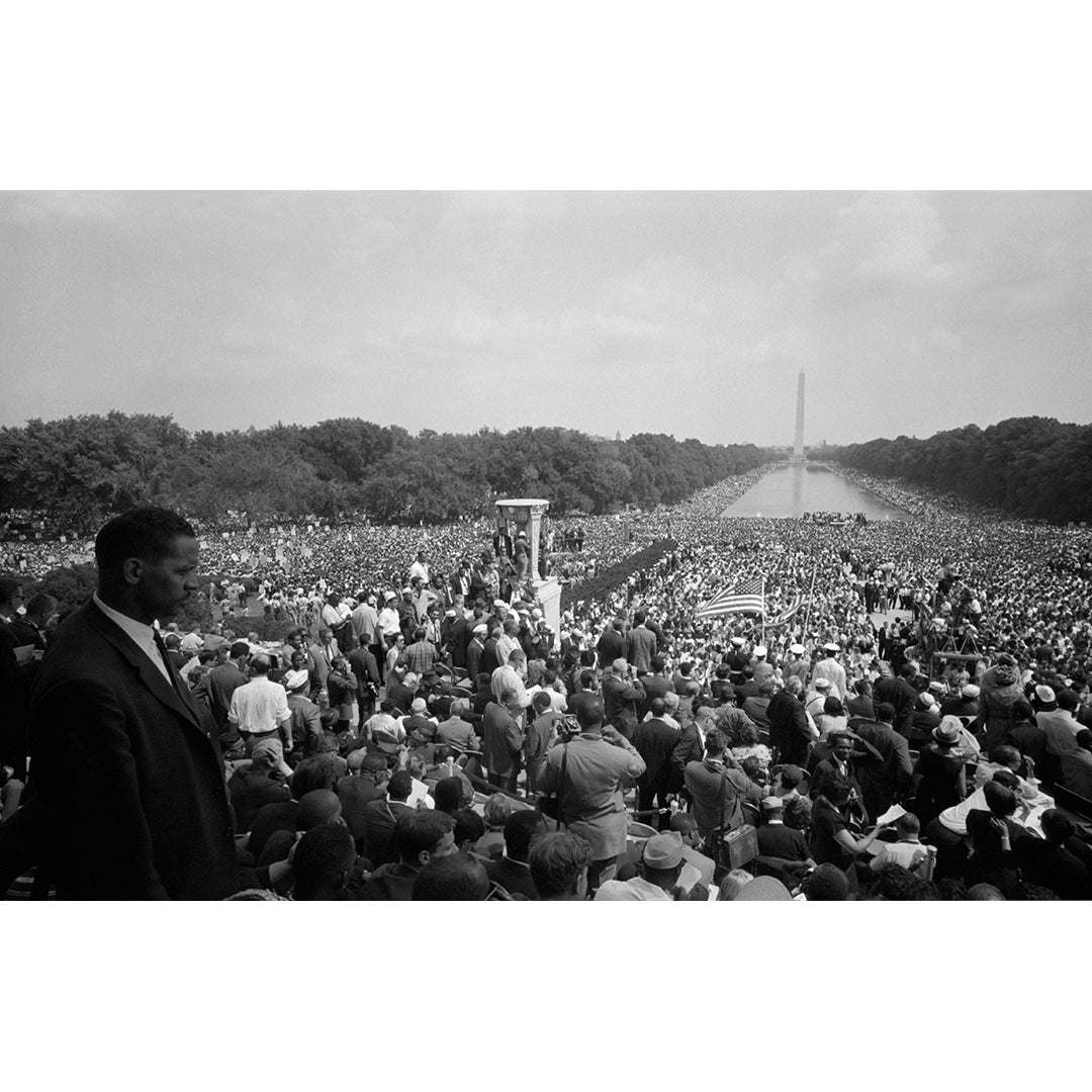 Large crowd gathered at the March on Washington with the Washington Monument in the background.