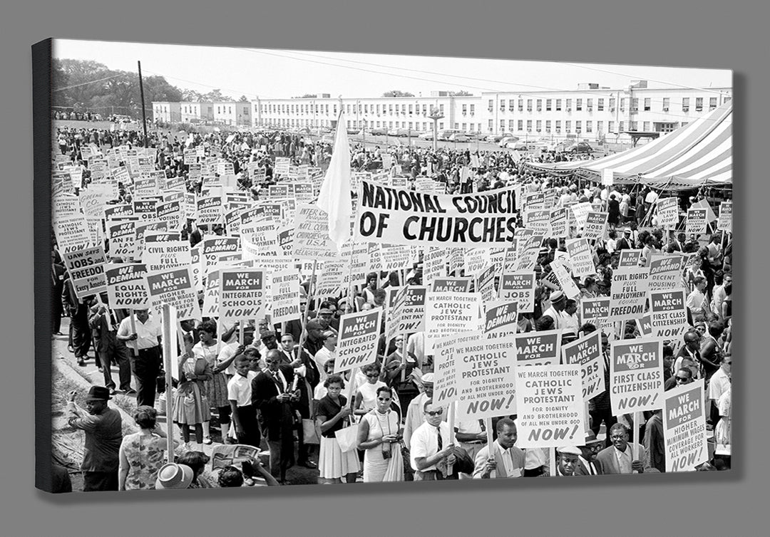 Stretched canvas print of a vintage March on Washington photo featuring a crowd of people with signs