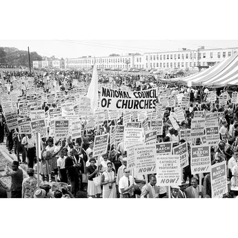 Large crowd holding signs with 'National Council of Churches' at the March on Washington.