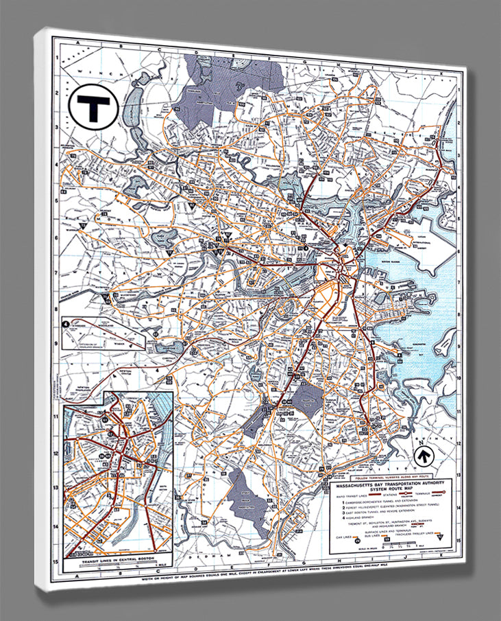 A stretched canvas print of a vintage public transit map of Massachusetts Bay