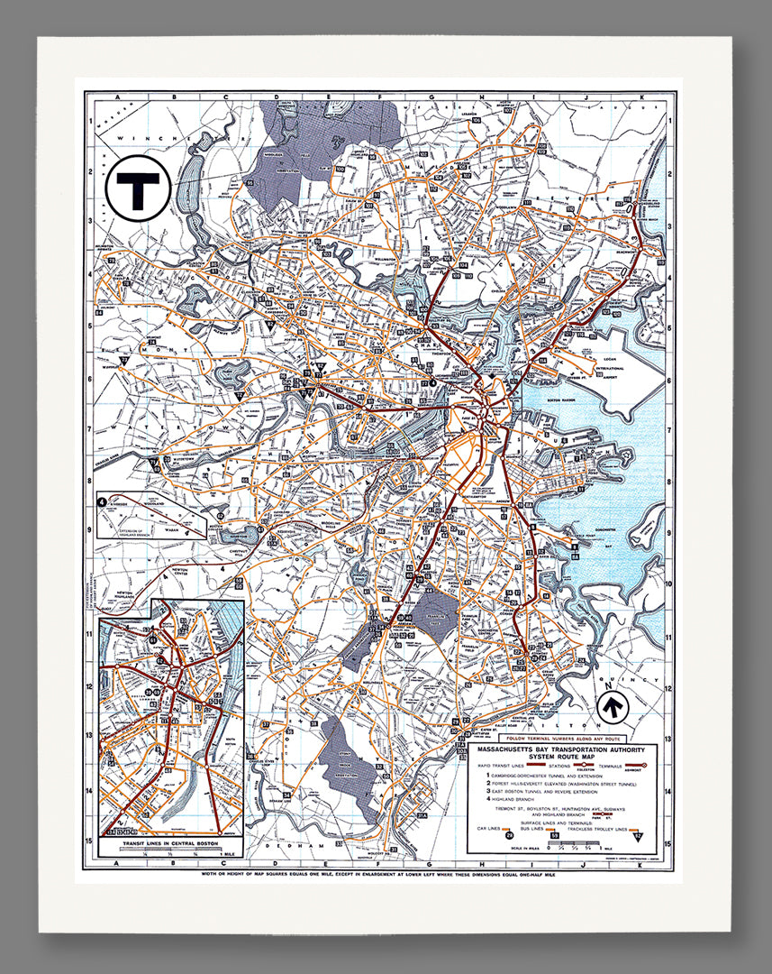 Vintage map of Massachusetts Bay with roads and transit lines on a white background