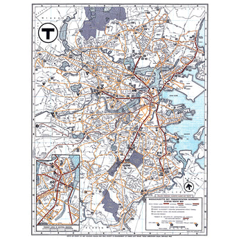 A vintage map of the public transit system in Massachusetts Bay