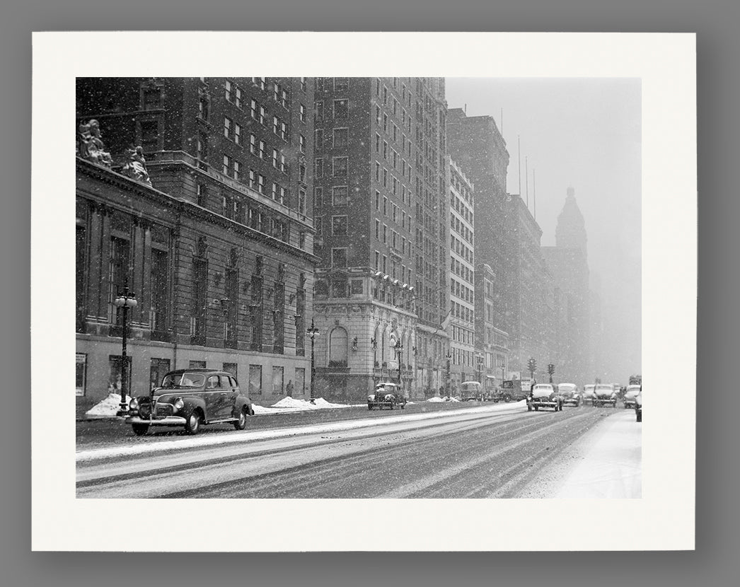 A paper print reproduction of a vintage Chicago winter photograph