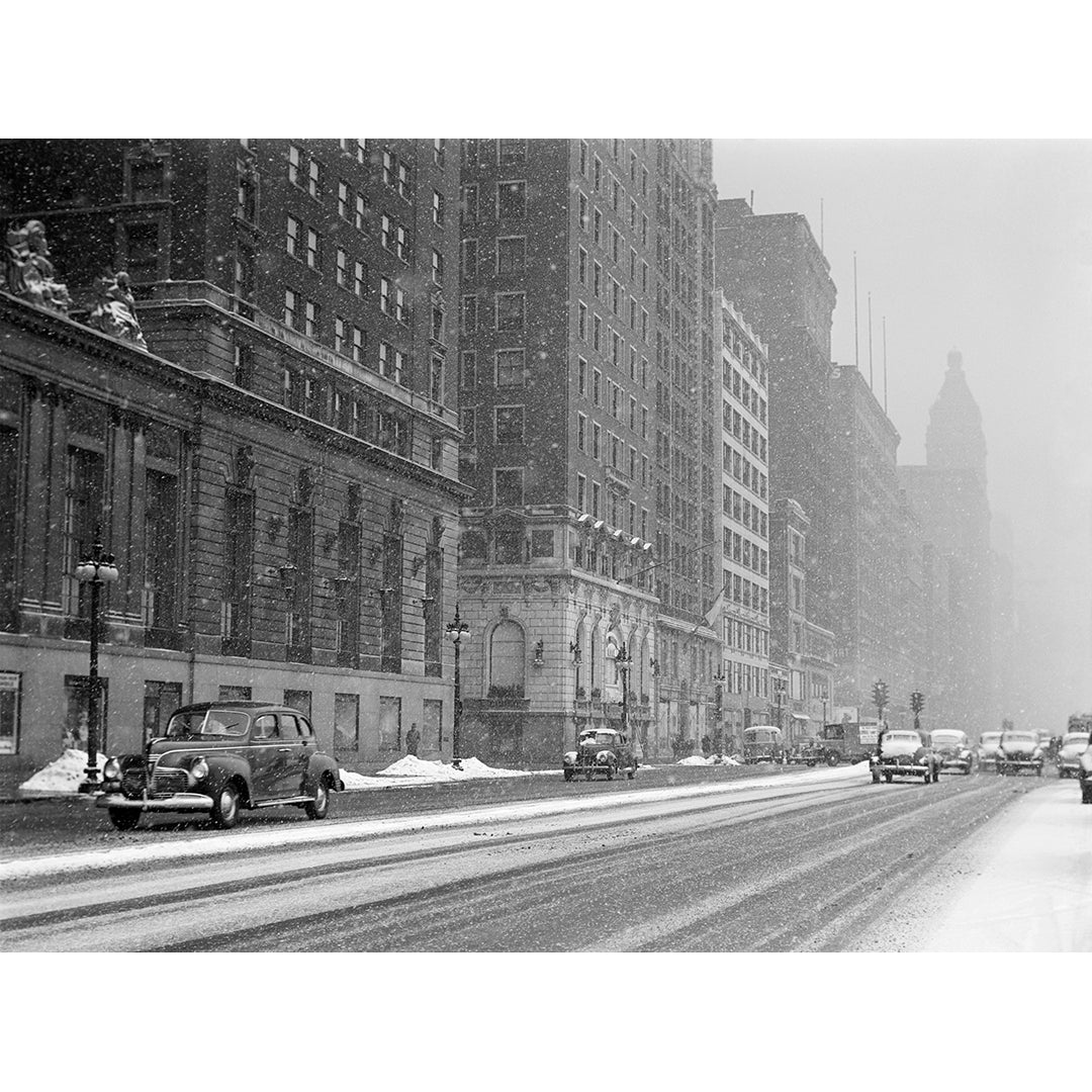 A vintage photograph of a snowy scene on Michigan Avenue in Chicago