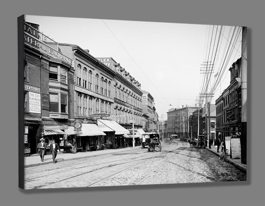 A digital rendering of a stretched canvas print of a historic, black and white photograph of Portland, Maine's Middle Street