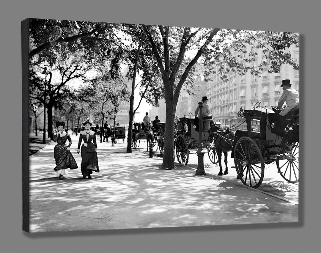 A stretched canvas print of a vintage photo of two women walking past a New York City cab stand