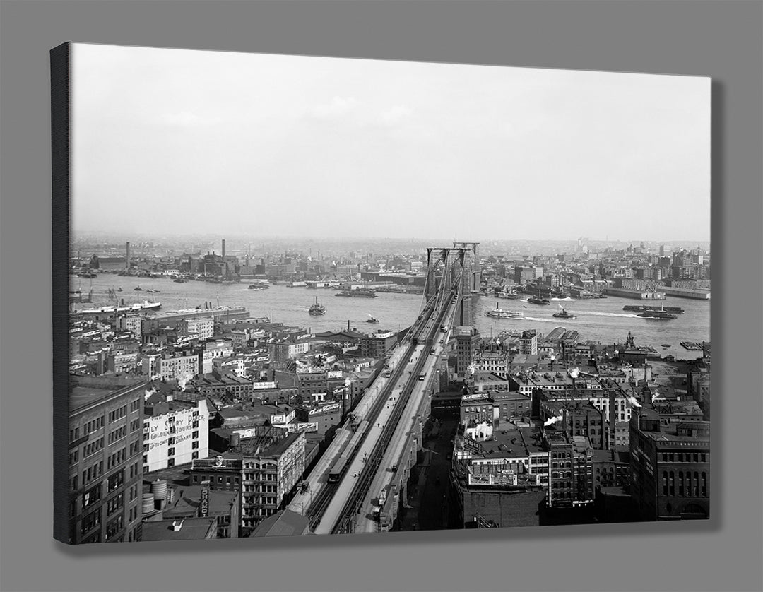 A vintage photograph printed on canvas, featuring the Brooklyn Bridge and NYC skyline