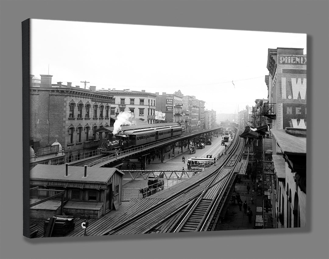 A stretched canvas print of a vintage image of The Bowery neighborhood in New York City