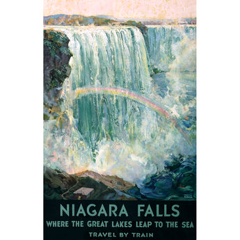 A vintage poster advertising travel by train to Niagara Falls