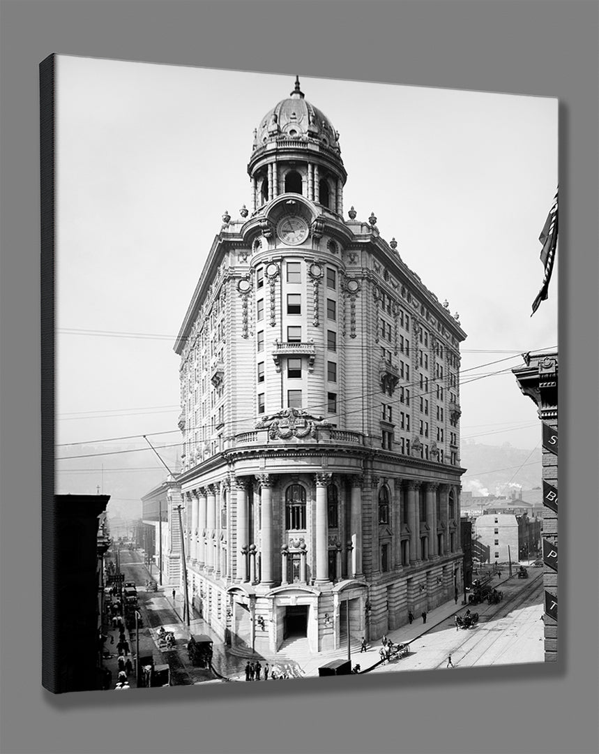 A fine art, stretched canvas print of a vintage snapshot of Wabash Station in Pittsburgh