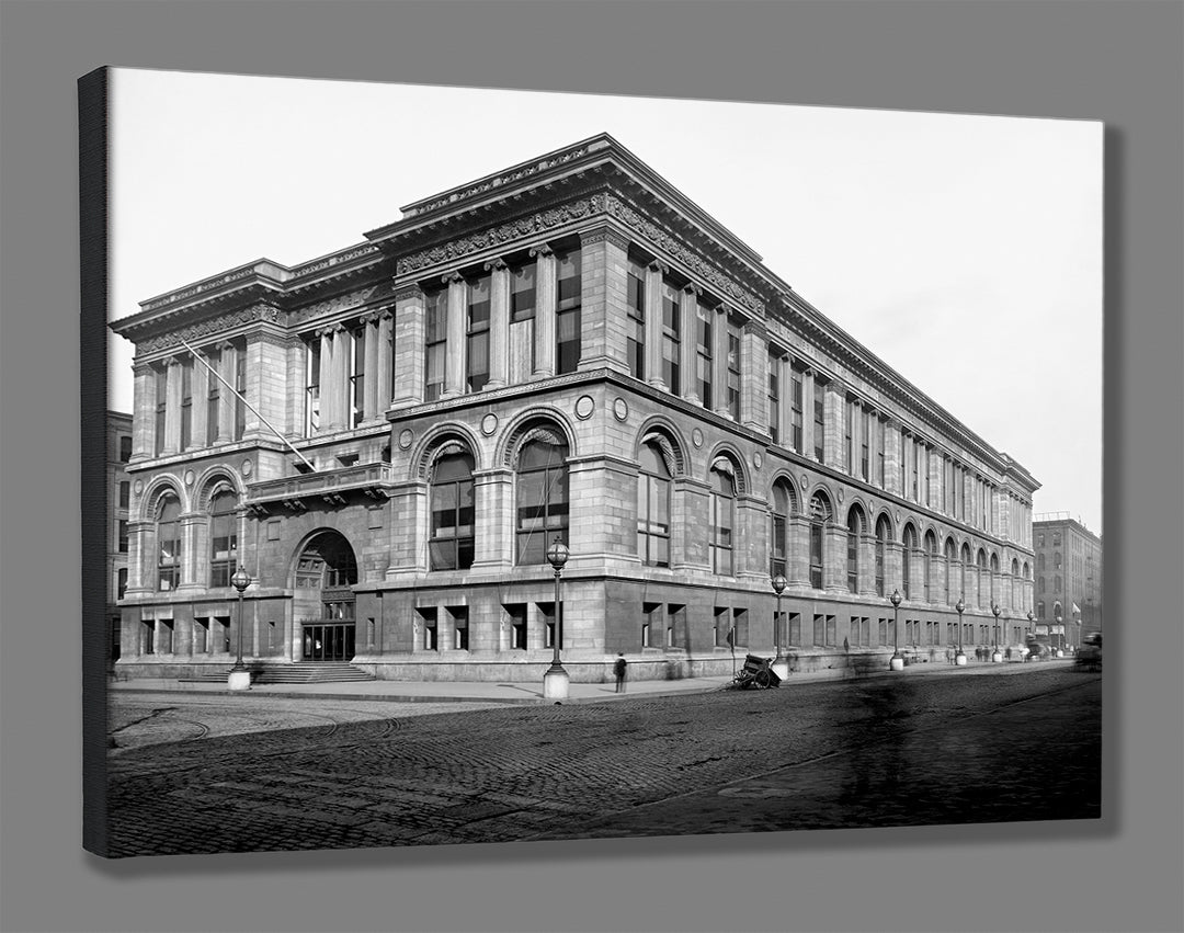 A print on canvas of a vintage photograph of a public library in Chicago