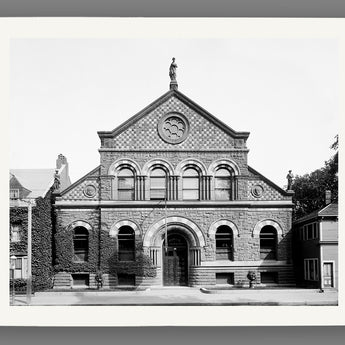 A mockup of a fine art paper print, featuring a vintage photograph of a Portland, Maine public library