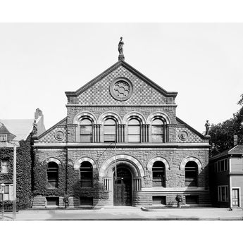 A black and white, vintage photo of a public library in Portland, Maine