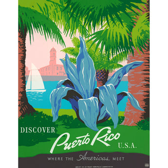 Discover Puerto Rico travel poster featuring colorful landscape