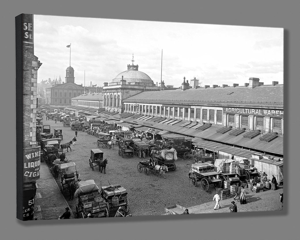 A vintage image of Boston's Quincy Market reproduced as a stretched canvas print