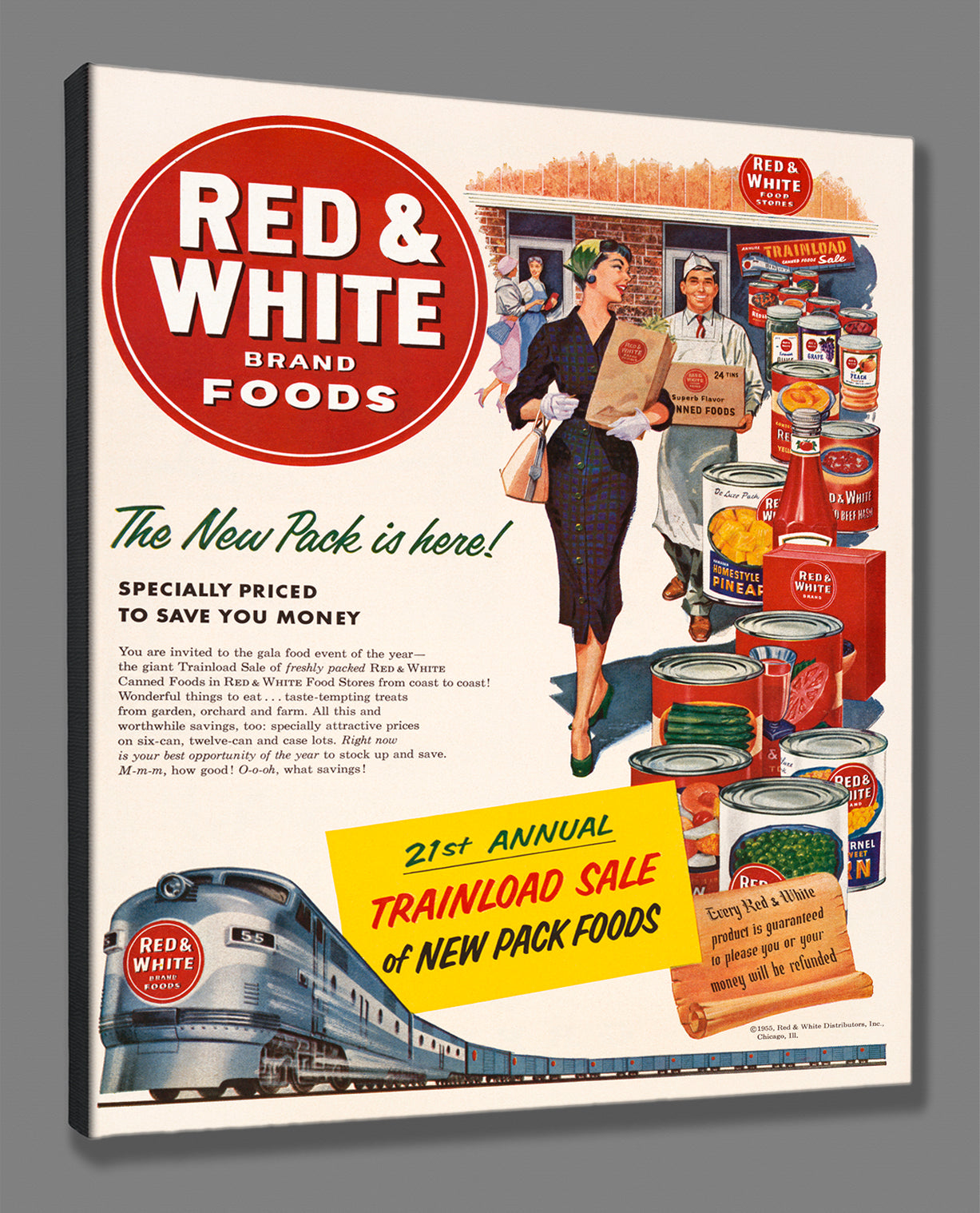 A stretched canvas print of a vintage poster advertising Red and White brand foods